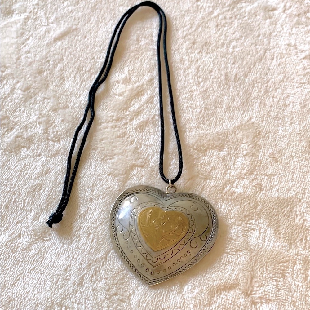 Puffy 2.5 Inch Heart-Shaped Silver and Gold Pendant Necklace (Same on Reverse)